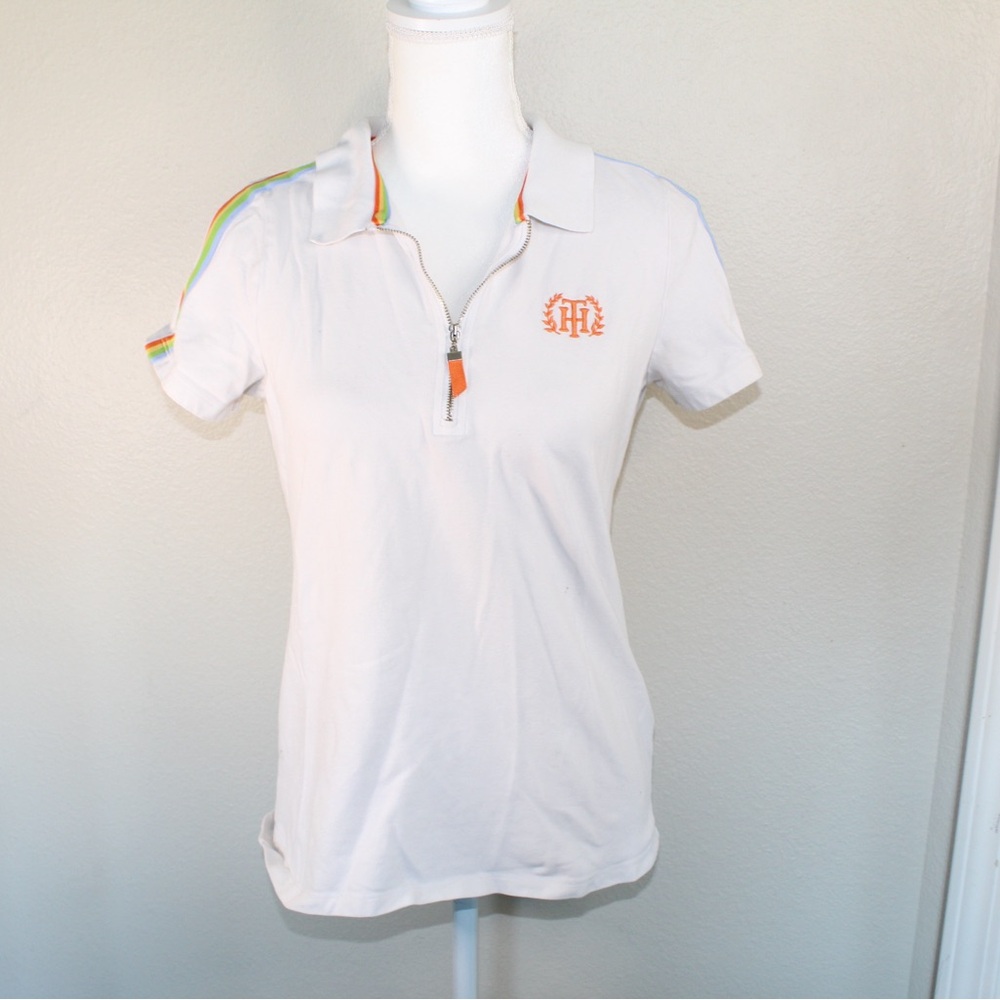 Tommy Hilfigure Woman’s White W/Rainbow Colored Design Short Sleeve Half Zip